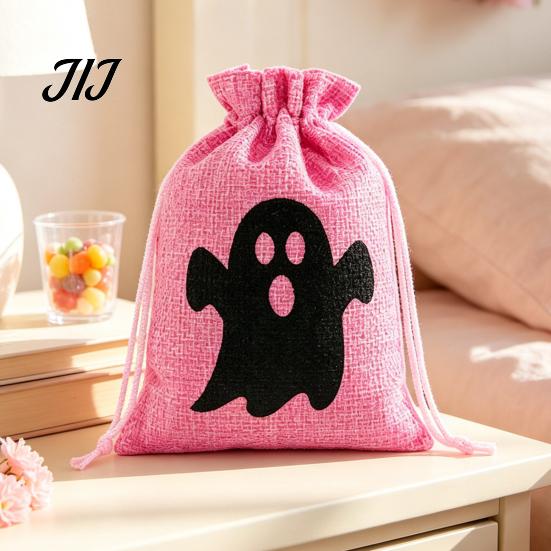 Cotton Linen Jewelry Bags Halloween Burlap Treat Bags, Pumpkin Ghost Bat Spider Witch Print Drawstring Gift Favors Candy Pouches for Cookies