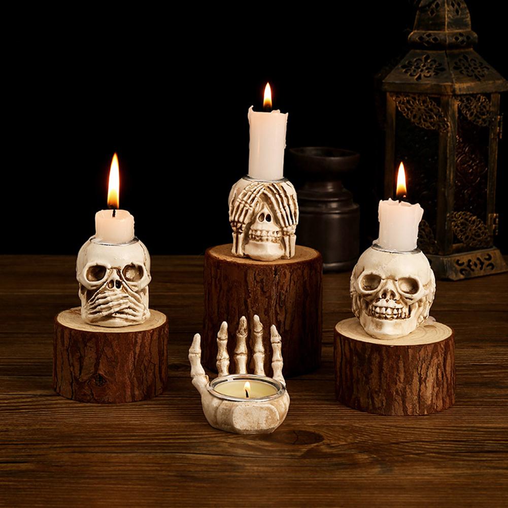 Halloween Skull Candle Holders Gothic Style Desktop Skull Candlestick Decor Ghost Skull Candlestick for Haunted House Props