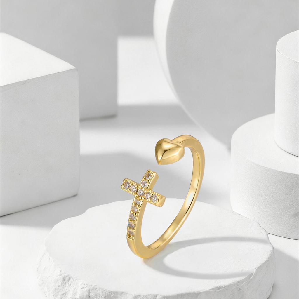 Exquisite Zircon Cross Ring for Women,Open Adjustable Heart Rings,Dainty Fashion Jewelry Gift