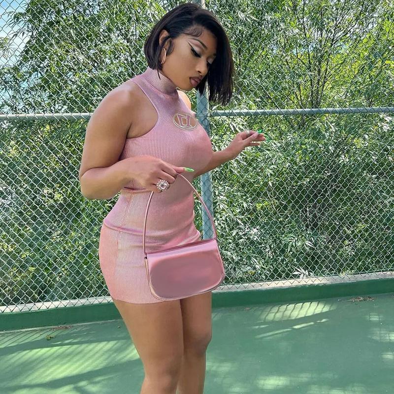 Europe and The United States Sexy Girl Dress High Collar Sleeveless Slim Short Leather Skirt Female