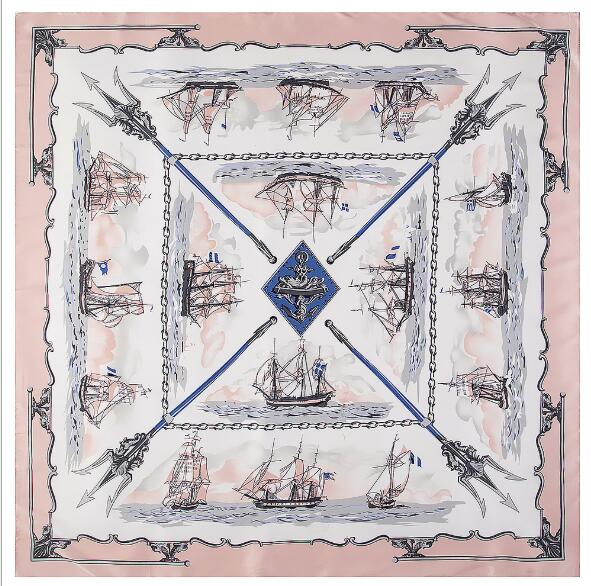 New Boat Print Women Big Scarf 130cm Square Pashmina Twill Silk Feeling Ladies Kerchief Luxury Scarves Hijab Fashion Shawl Wrap