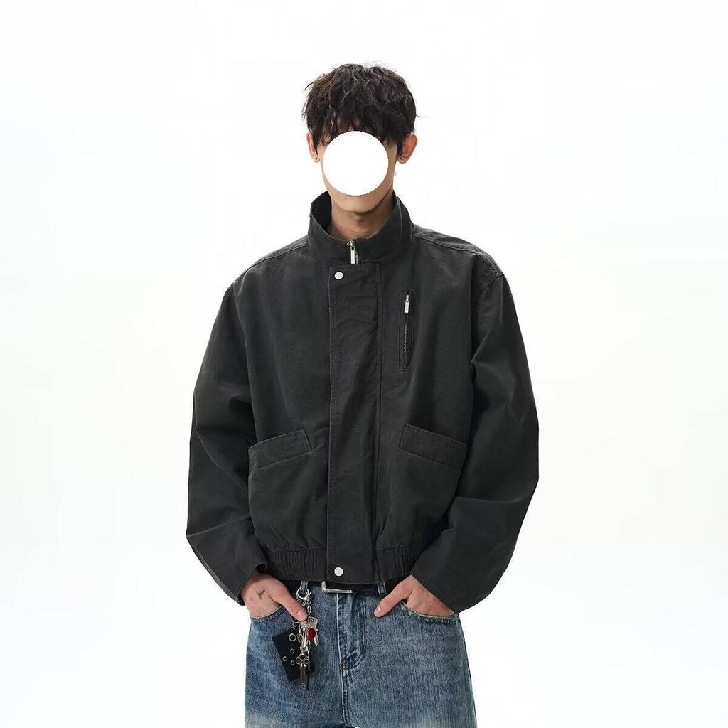 American Retro Patchwork Stand Collar Workwear Jacket - Trendy, Loose-Fit, Unisex, Casual Outerwear