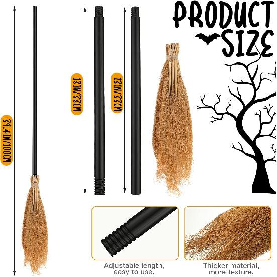Jetec Halloween Witch Broom Hat Set Black Hat with 39.4 Inch Broom Realistic Wizard Witch for Halloween Party Cosplay Props Costume Accessories
