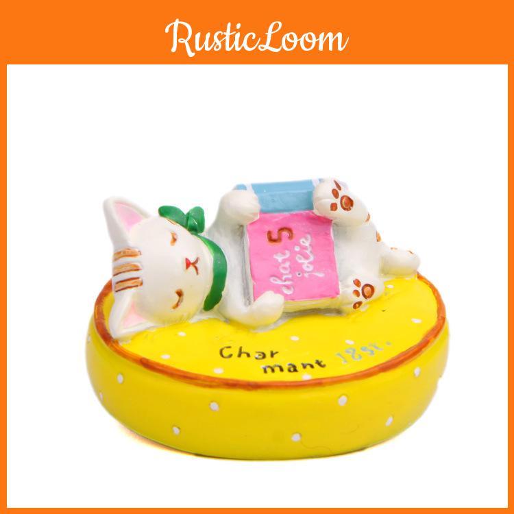 Cat Lying On A Cushion Reading A Book Resin Figurine For Indoor Decoration And Photography Props