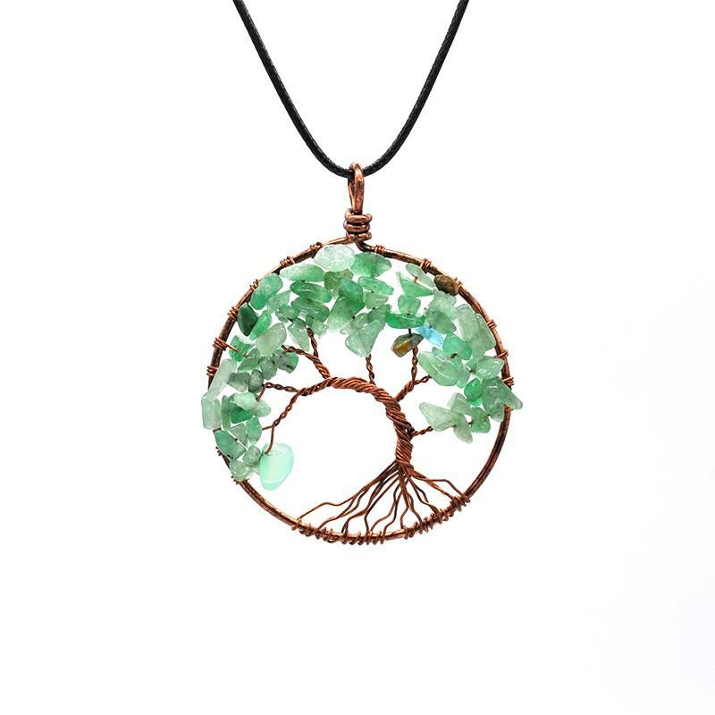 Hand-Wound Natural Stone Crystal Ancient Red Copper Curved Tree Of Life Curved Tree Necklace N01