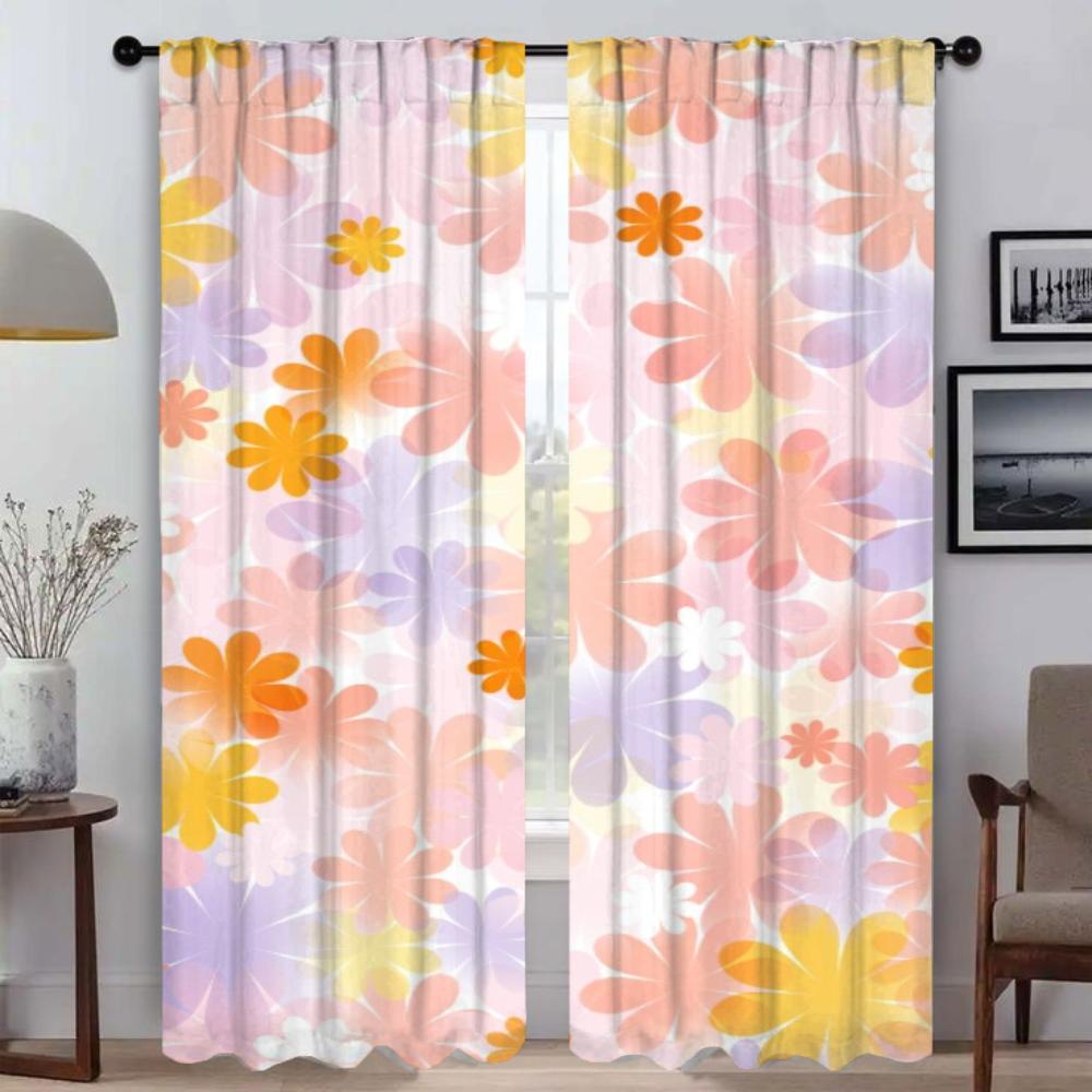 Cute Flowers Blackout Curtains 2 Pieces Window Curtain for Room 2 Panel Partition Shades Tulle for Bedroom Halloween Decoration