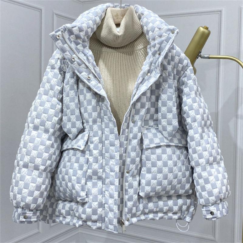 New Checkerboard Down Jacket Women's Short Hooded Loose Thickened White Duck Down Jacket Trend