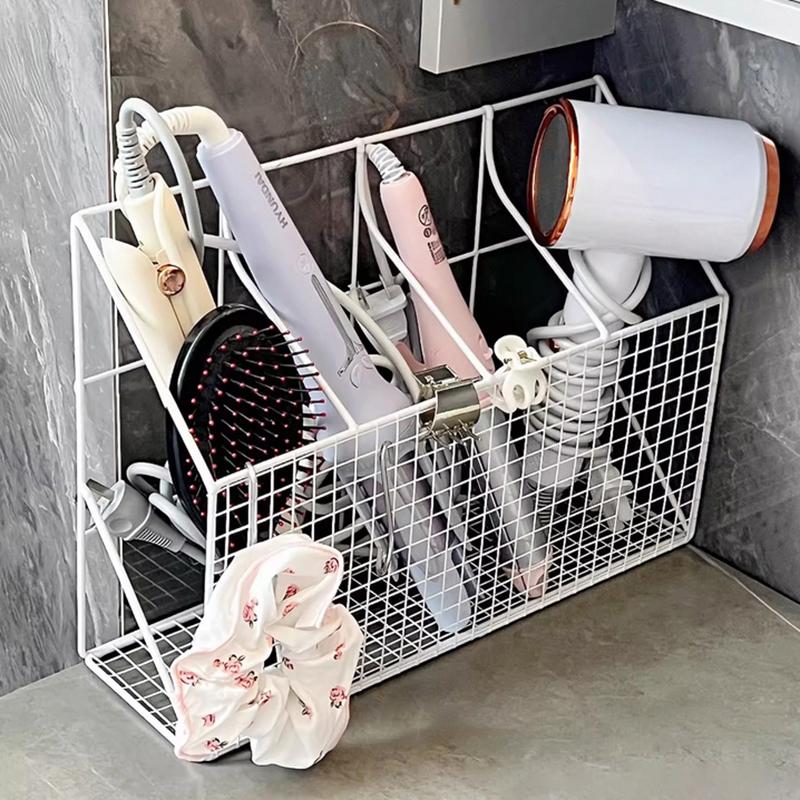 Wall Mounted Hair Dryer Holder Curling Iron Holder Hair Styling Tools Organizer With Shelf Hooks Multi-Functional Storage Rack