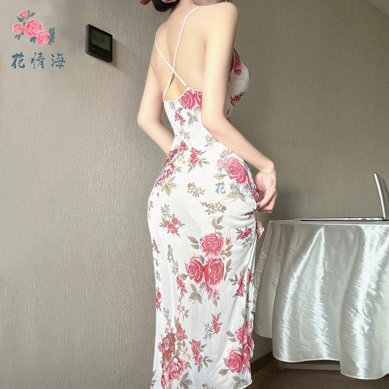 Sexy lingerie sexy pure desire style print backless irregular French split dress