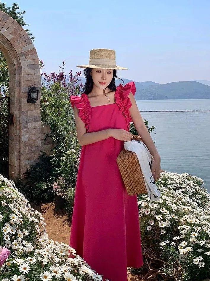 Dopamine Backless Wear with Age-reducing Dress Women's Clothing Summer New Sweet Fungus Edge Square Collar A Word Medium and Long Dress