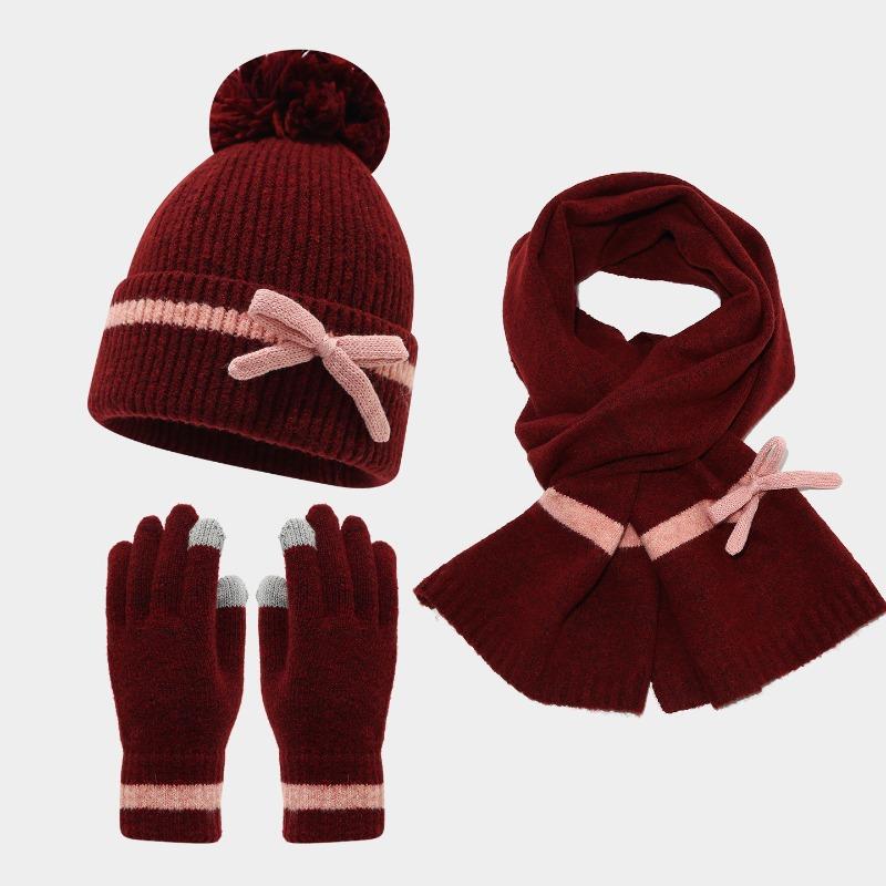 Winter Bow Decoration Hat Scarf Gloves Three Piece Set Sweet and Fashionable Anti Cold Warm Hat Set