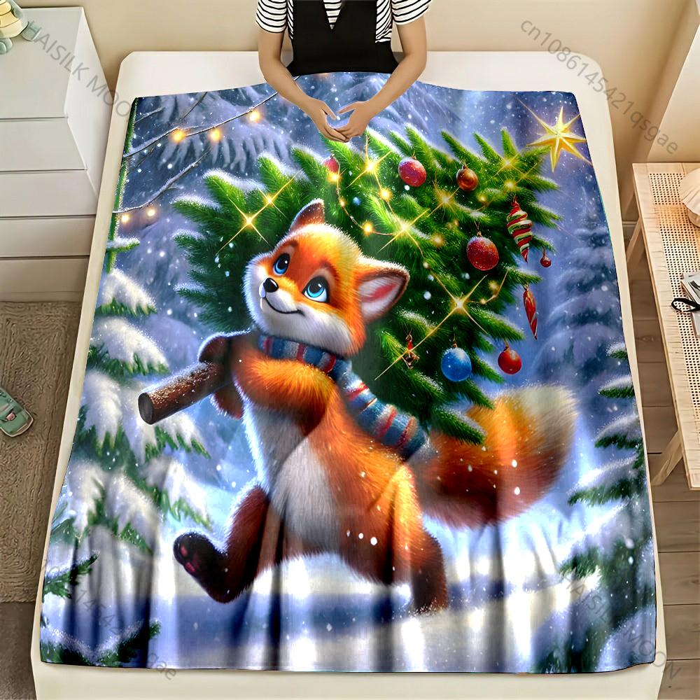 Festive fox with Christmas tree pattern Blanket Flannel Material Soft Warm for All Seasons,For Home Outdoor Camping Picnics RV