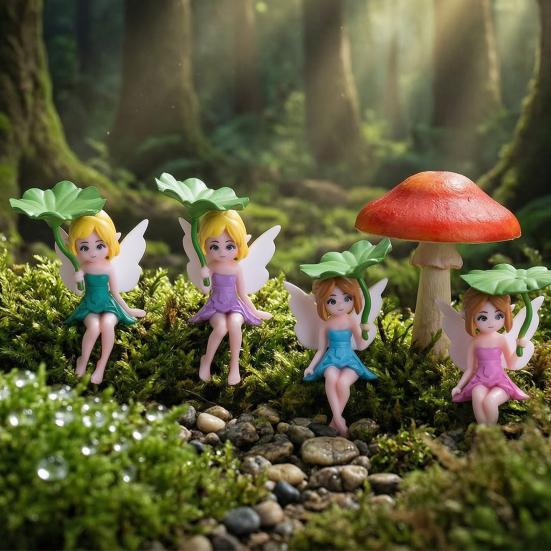 4 Pezzi Miniatura di Figure di Fate, Piccola Statuetta di Elfo Alato su Foglia di Loto per Giardino Fatato Fai-da-te, Fioriera, Bonsai, Micro Paesaggi, Decorazione Artigianale
