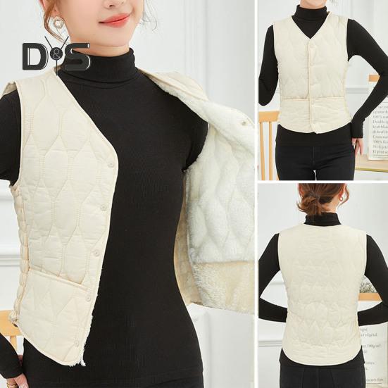 Women Fall Winter Vest Coat Soft Thick Padded Sleeveless Single Breasted Solid Color V Neck Cardigan Slim Fit Warm Pockets Lady Waistcoat