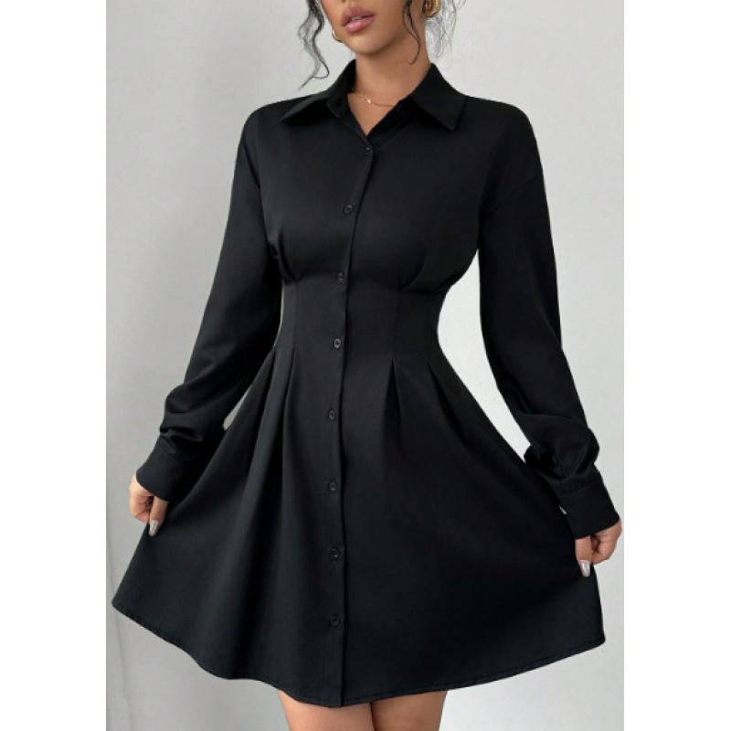 Women's Elegant Turn Down Collar Long Sleeve Knee-Length Button Down Shirt Dress Slim Waist Pleated Mini Dresses