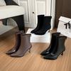 High-heeled pointed short boots, autumn and winter 2025 new European and American thin-heeled splicing bare boots, thin boots, retro brown short boots