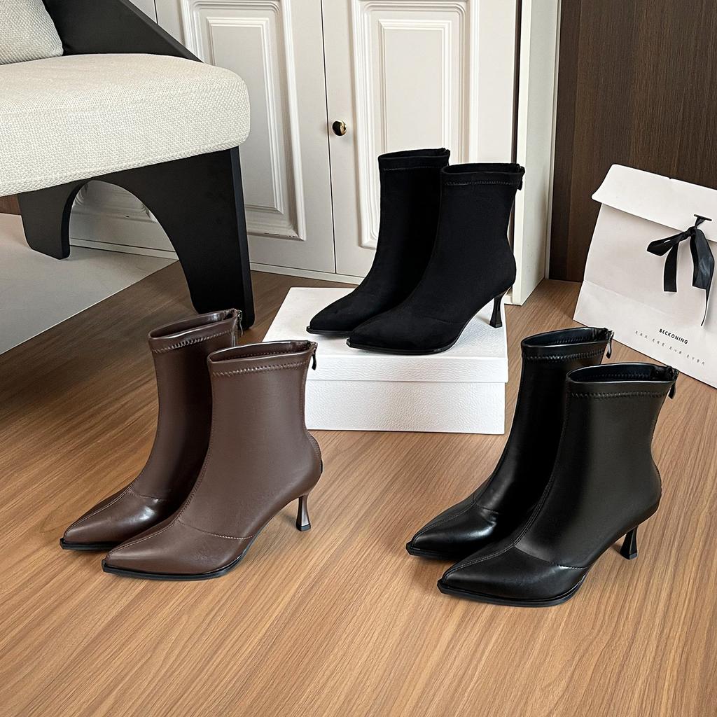 High-heeled pointed short boots, autumn and winter 2025 new European and American thin-heeled splicing bare boots, thin boots, retro brown short boots