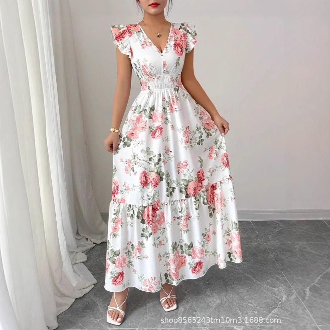 Women Floral Print V Neck Short Sleeve Ruffle Trim Fit & Flare Midi Dress S
