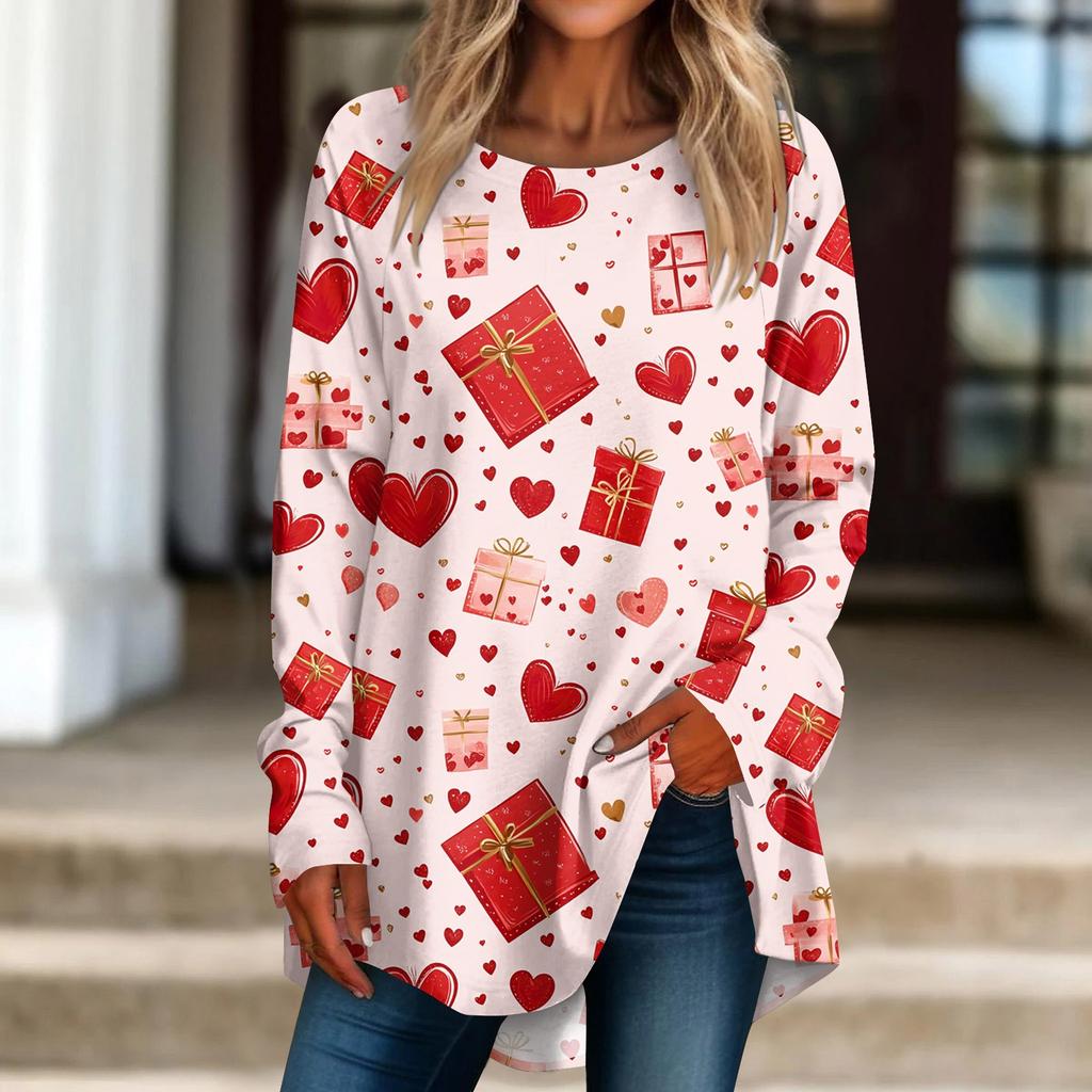 Damen Locker Bedrucktes Rundhals Langarm T-Shirt Top Pullover Langarmtop