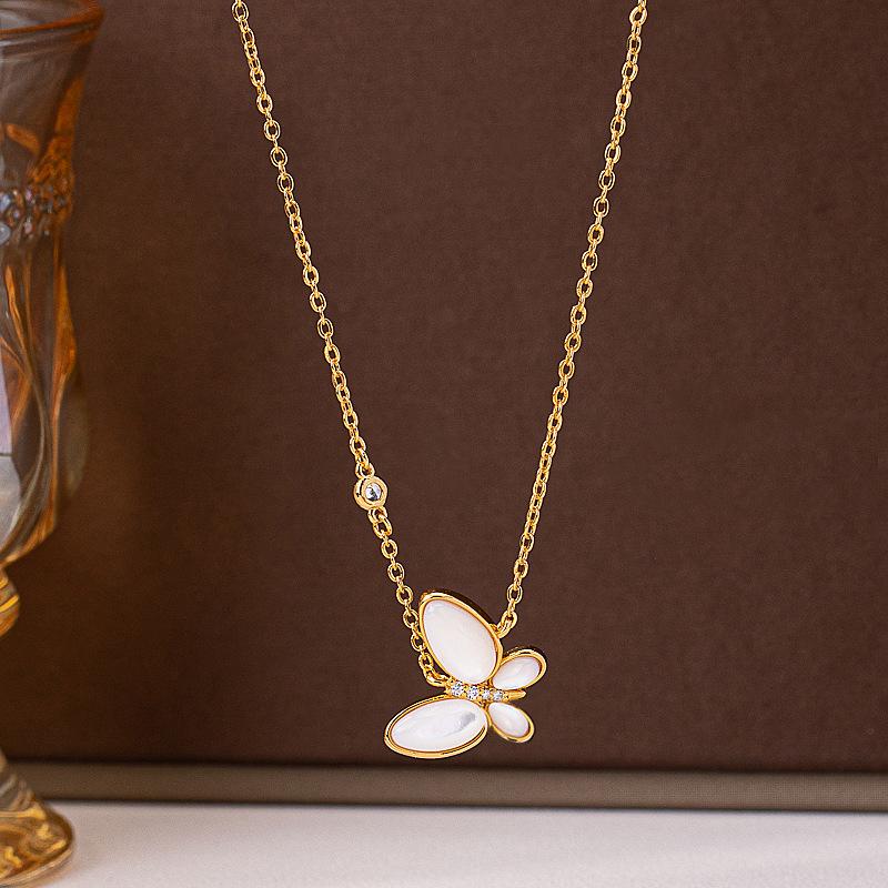 Damen Schmetterlingshalskette & Zirkonia Ohrring Set - Weißes Perlmutt, Leichte Luxus Schlüsselbeinkette, Design 2025