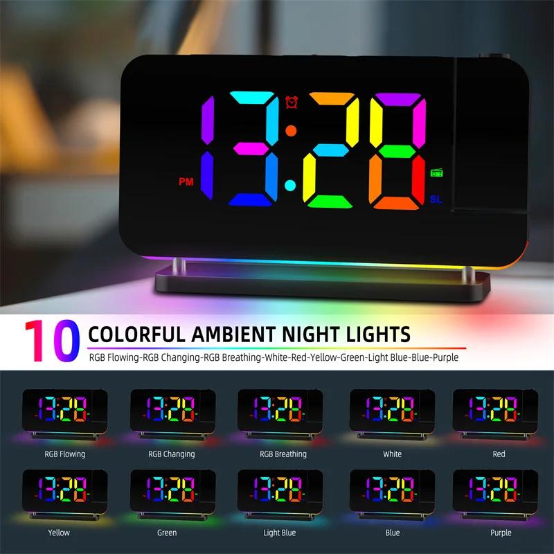 FM Radio 180° Projection Alarm Clock RGB With RGB Night Light 6 Levels Brightness Dual USB Output Port 12H/24H Digital LED Clock