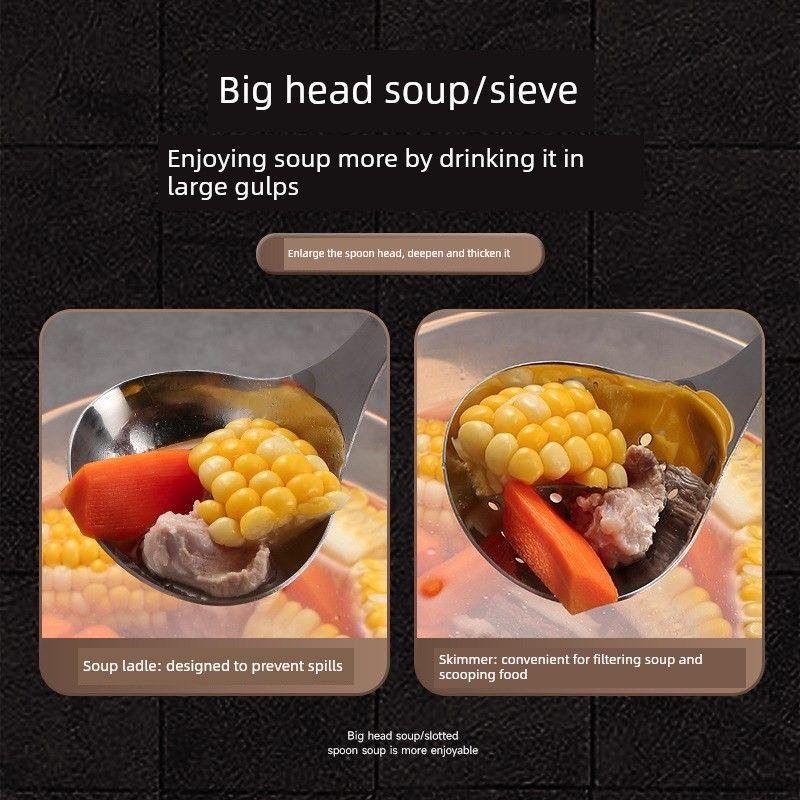 304 Stainless Steel Spoon Set for Home Use, Thickened Long-Handled Large Soup Spoon, Slotted Spoon, Hot Pot Soup Ladle, Small Spoon