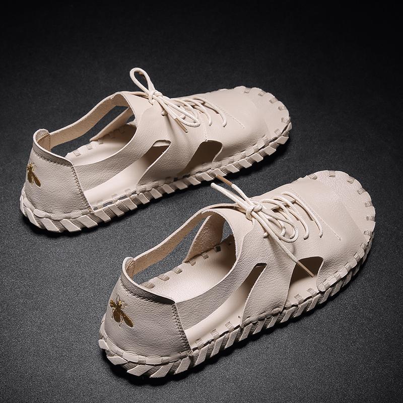 Fashion Summer Hot Selling Men's Leather Casual Shoes Hollowed Out Cool Daily Flat Shoes Men's Beach Sandals Lace Up Handmade Soles