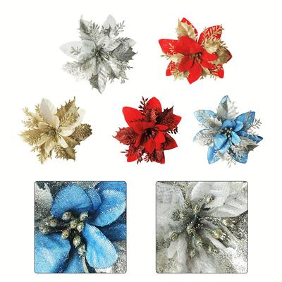 Christmas Poinsettia Glitter Flower Hanging Xmas Party Tree Decoration