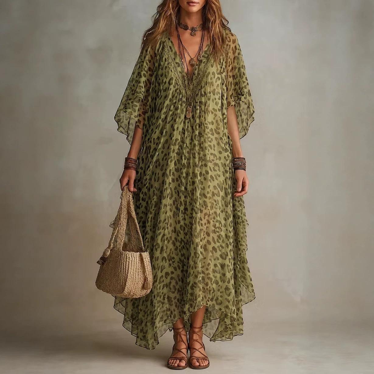 European and American independent station autumn fashion loose leopard print chiffon dress S