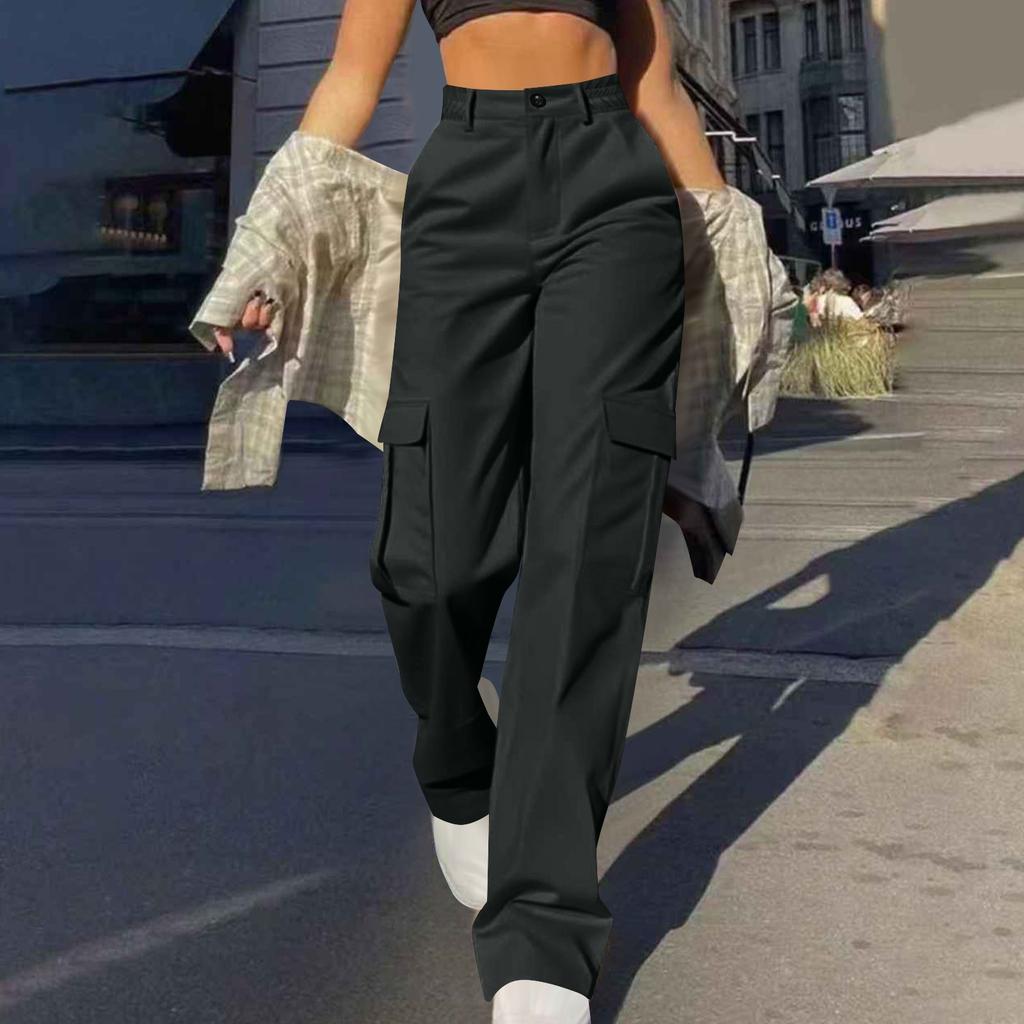 Womens Trendy Casual Streetwear Baggy Cargo Pants With Pockets Wide Leg Trousers Loose Overalls Long Pants