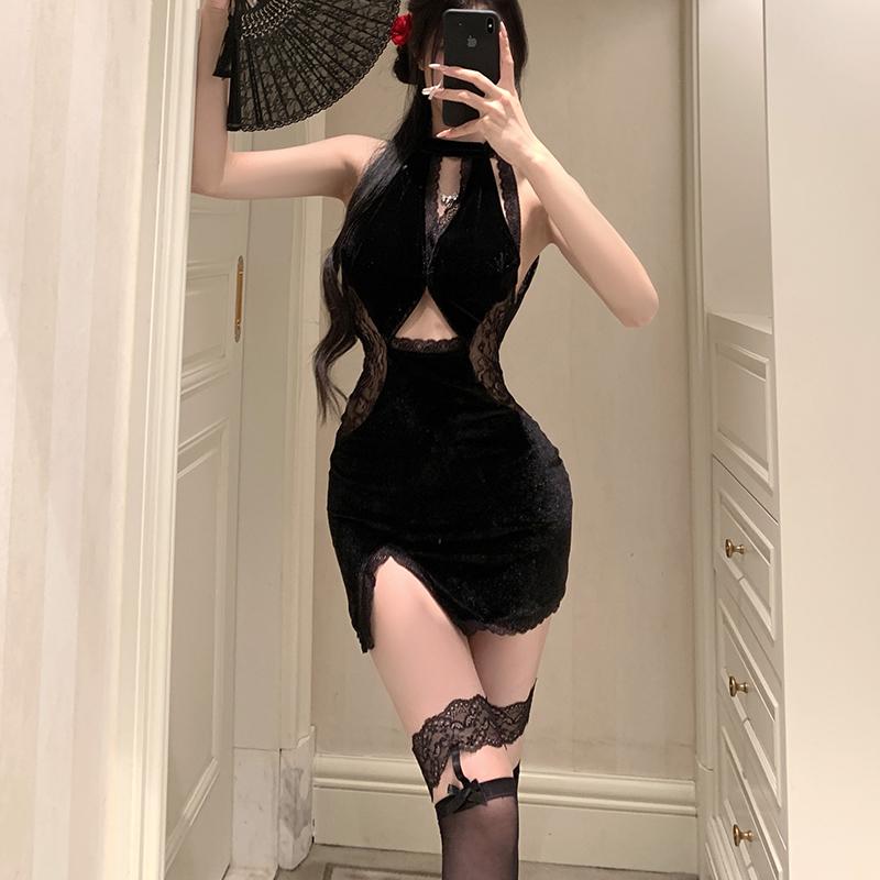 Purple Lingerie Sexy Cheongsam Velvet Lace Paneled Nightclub Costume Temptation Nightgown Set