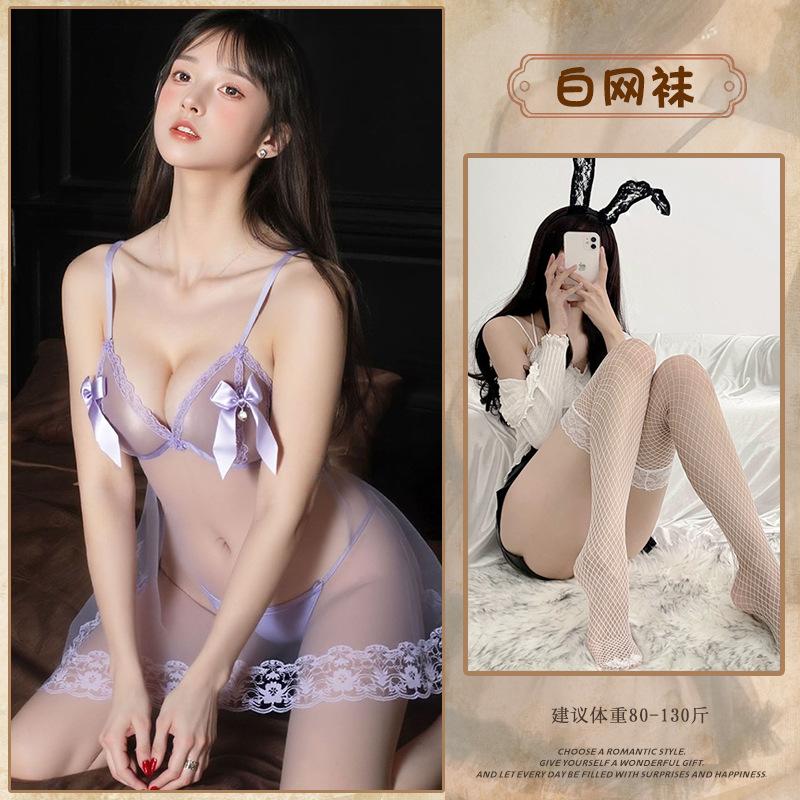 Sexy Pajamas Mesh See-through Suspenders Nightgown Pure Lace Sweet Bow Set