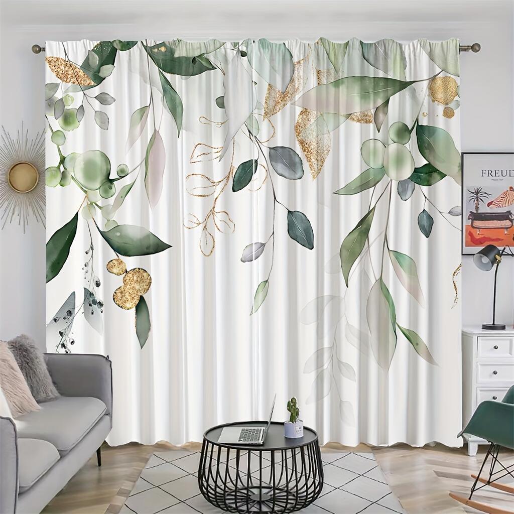 Nordic Fresh Green Leaves Print Curtains Modern Botanical Window Drapes 2 Panels Living Room Bedroom Curtains