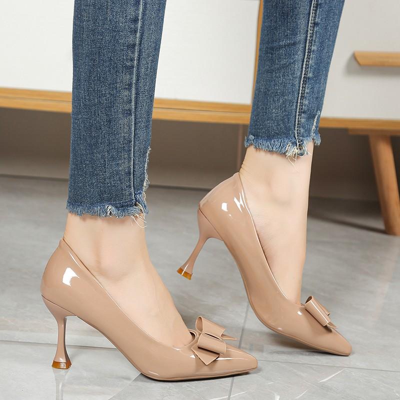 Sexy Bow Square Toe Pumps French Patent Leather Shallow Strange Style Heels Stiletto 2025 Spring New Ladies Wedding Shoes