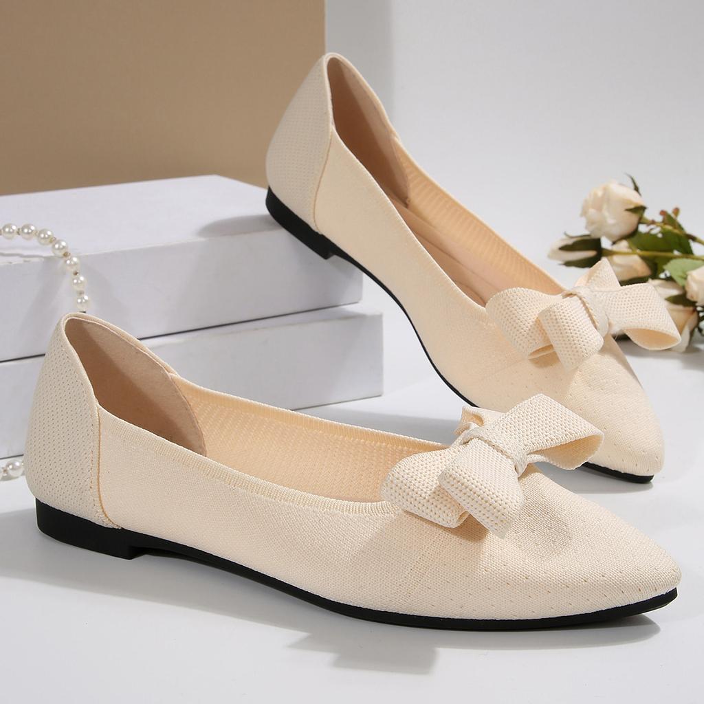 Fashion Comemore Bowknot Elastic Knit Flat Shoes for Women Slip on Casual Woman Spring Summer Flats Comfort Soft Sole Solid Loafers