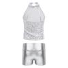 Girls Sleeveless Backless Shiny Sequin Halter Crop Top Metallic Dance Shorts Jazz Dance Stage Performance Outfit
