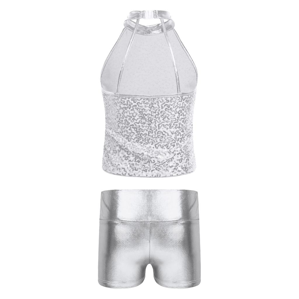 Girls Sleeveless Backless Shiny Sequin Halter Crop Top Metallic Dance Shorts Jazz Dance Stage Performance Outfit