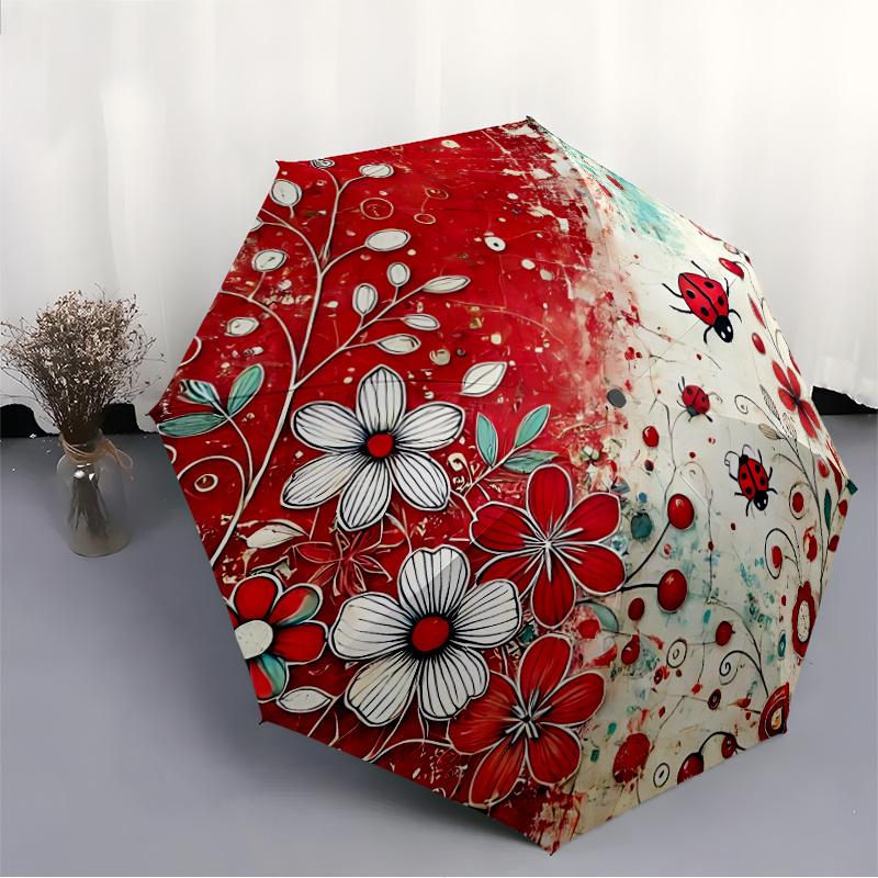 1pc Ladybugs Flowers Automatic Open/close Umbrella, 8-Rib sturdy structure, Auto Folding/Opening, Portable Travel Umbrella for Women c24