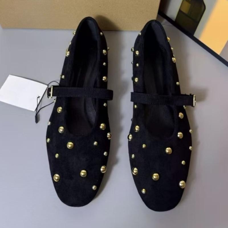 

Autumn Gold Rivets Design Women Ballet Flats Retro Faux Suede Buckle Belt Round Toe Casual Soft Sole Mary Jane Shoes for Female 42 чорний