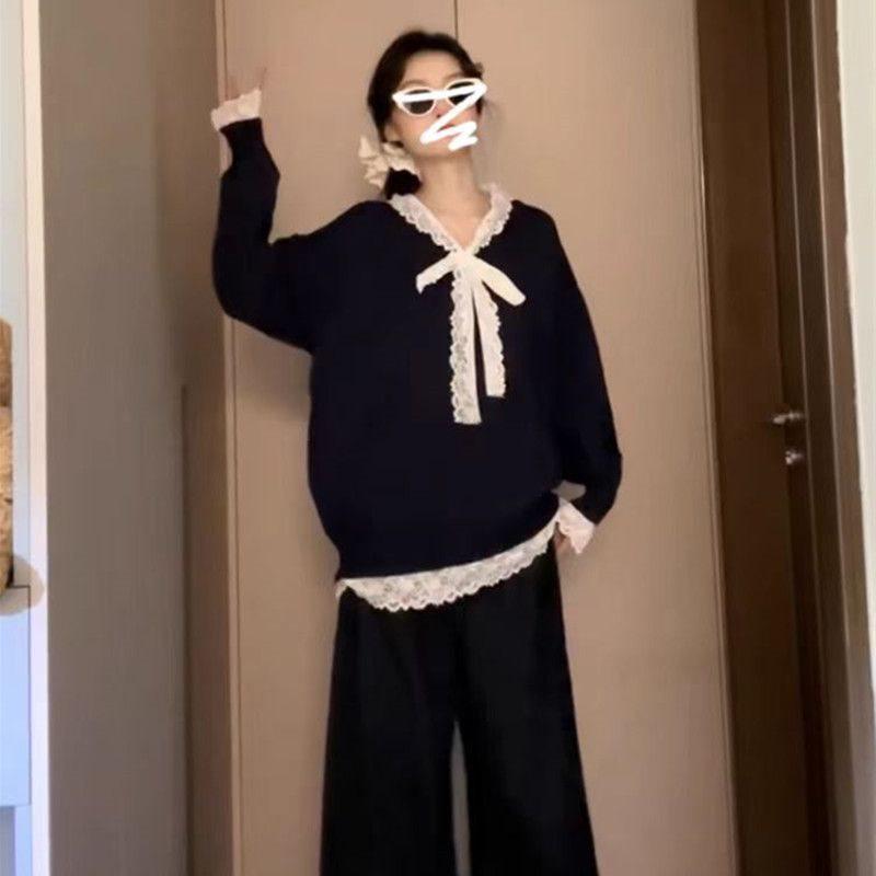 Women's Autumn Patchwork Lace Bow Long Sleeve Sweater - Casual & Sweet Style