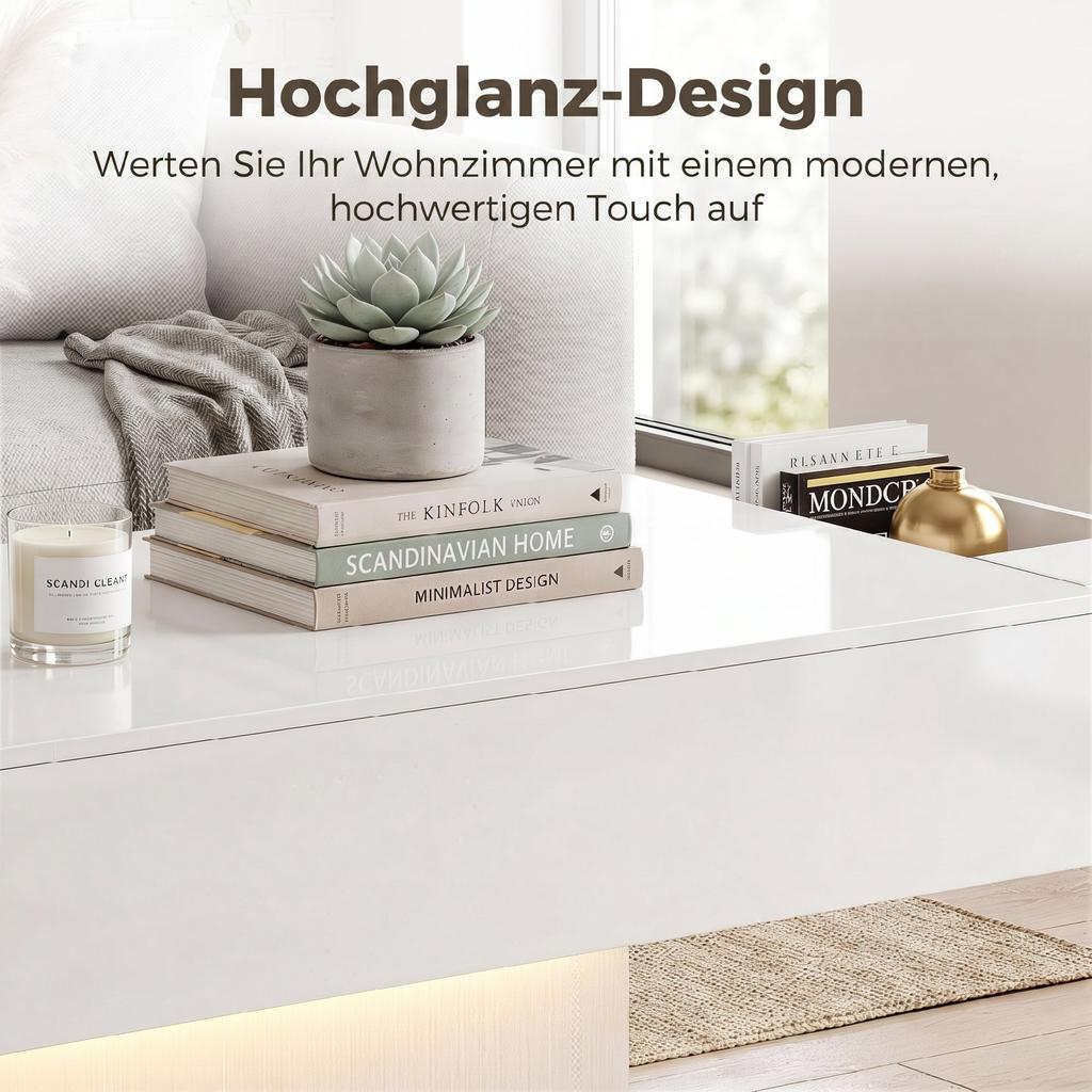 LED Coffee Table with Storage, High Gloss, Modern, 2 Drawers & Remote Control, White