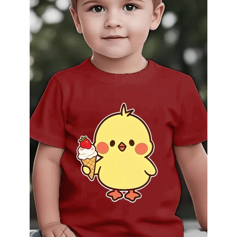 European sizes Boys' Short-Sleeve Cartoon Chick Ice Cream Strawberry Cute Round Face Fun Print Children's Summer Casual Top