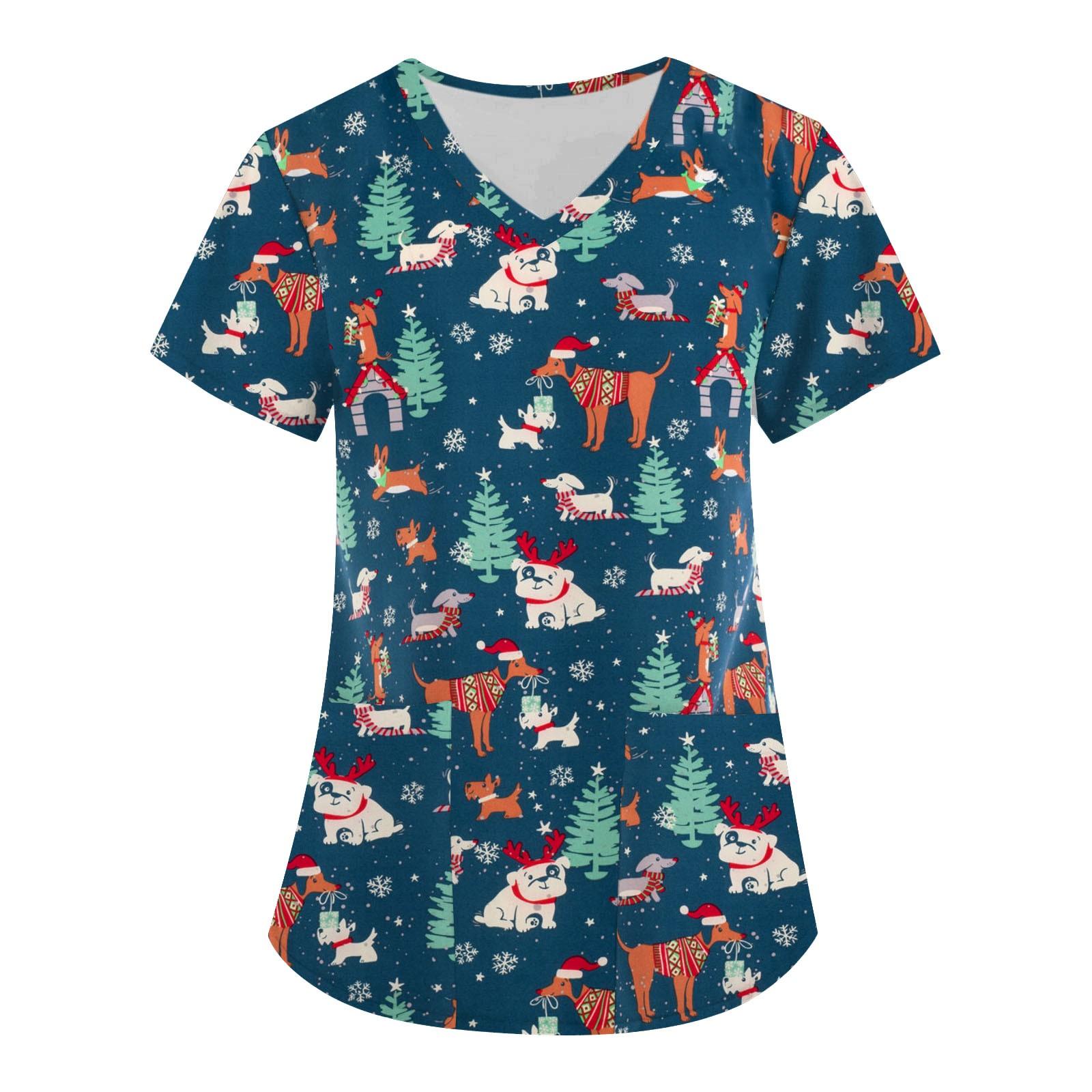 

Женские топы с коротким рукавом и v-образным вырезом, рождественские топы с мультяшным рисунком, рабочие футболки с карманами, непозиционирующийся принт XL синий