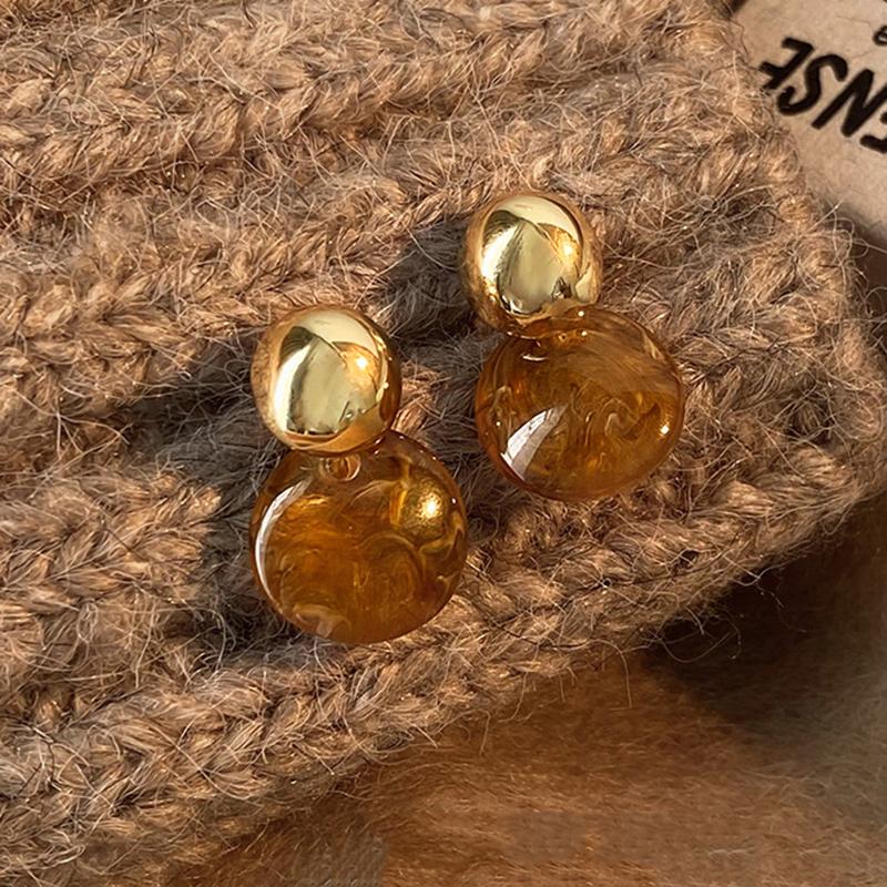 New Brown Resin Tiger Eye Stone Dangle Earrings for Women Fashion Zinc Alloy Needle Earring Personality Melard Color Zircon