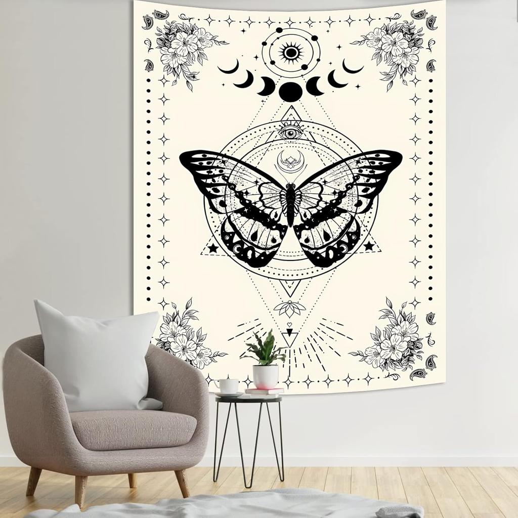 Avinyl Black and White Butterfly Tapestry for Bedroom, Vintage Flower Large Moon Tapestries Wall Hanging, Cute Tarot Poster for