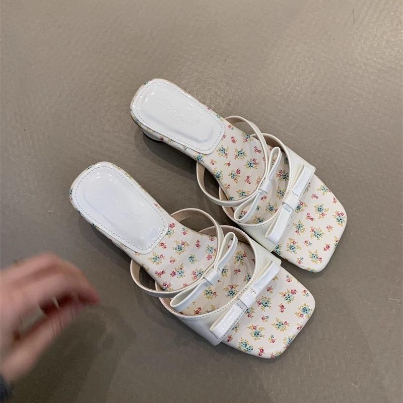 Sweet Wind Thick Heel Sandals Women's Summer New Small Floral Bow One Pedal High Heel Cool Slippers