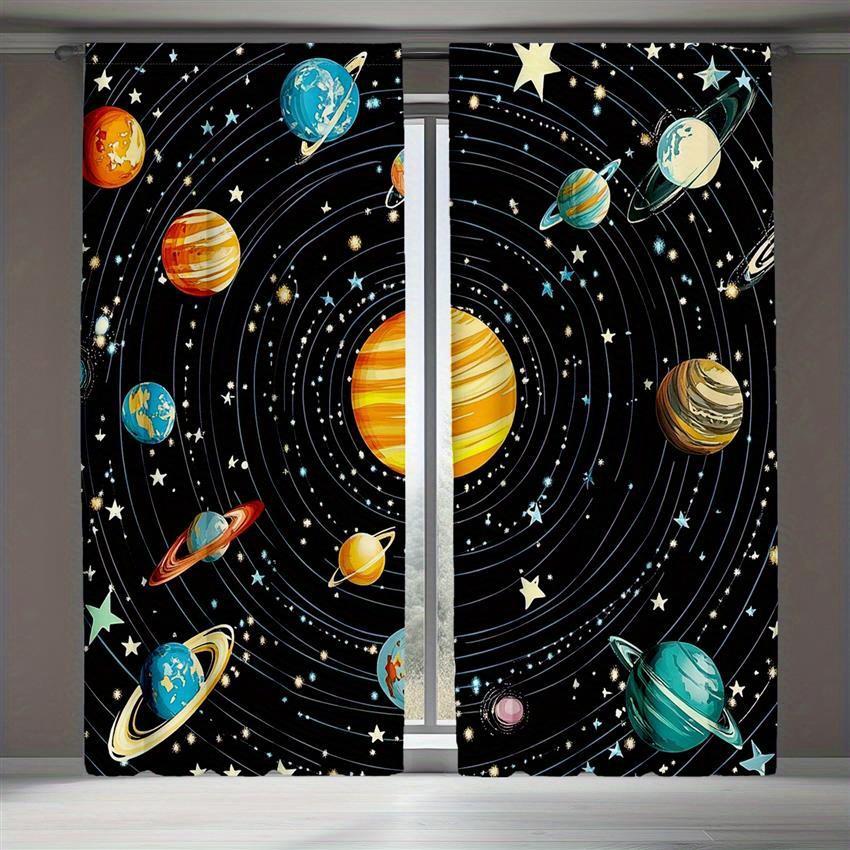 Polyester Galaxy Solar System Curtains Traditional Style Semi Uncorded Light Filtering Set Of 2 Made With Rod Pocket Machine Washable