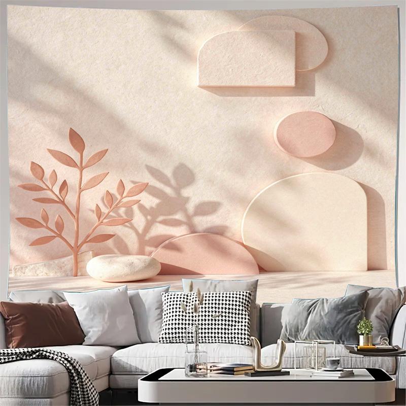 Abstract Minimalist Boho Tapestry Wall Hanging Geometric Beige Botanical Leaves Scandi Nordic Living Room Decor Art