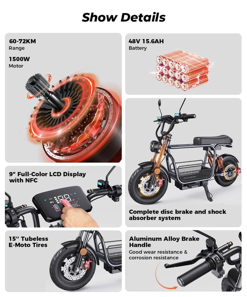 Elektroroller iScooter 15" 1500W Motor Volle Stoßdämpfung 48V 15AH Maximale Reichweite 72Km Zuladung 150Kg Schwarz DX5