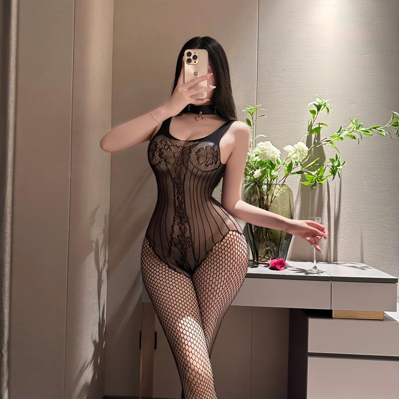 Women Sexy Hollow Out Mesh See Through Strap Crotchless Lingerie Set